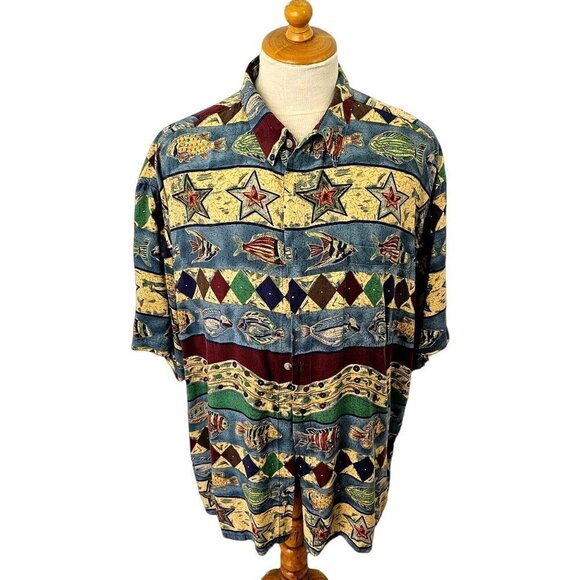 80s-90s Pierre Cardin Hawaiian Shirt Fish Pattern Collared Mens 2XL Blue Multi - Picture 5 of 10